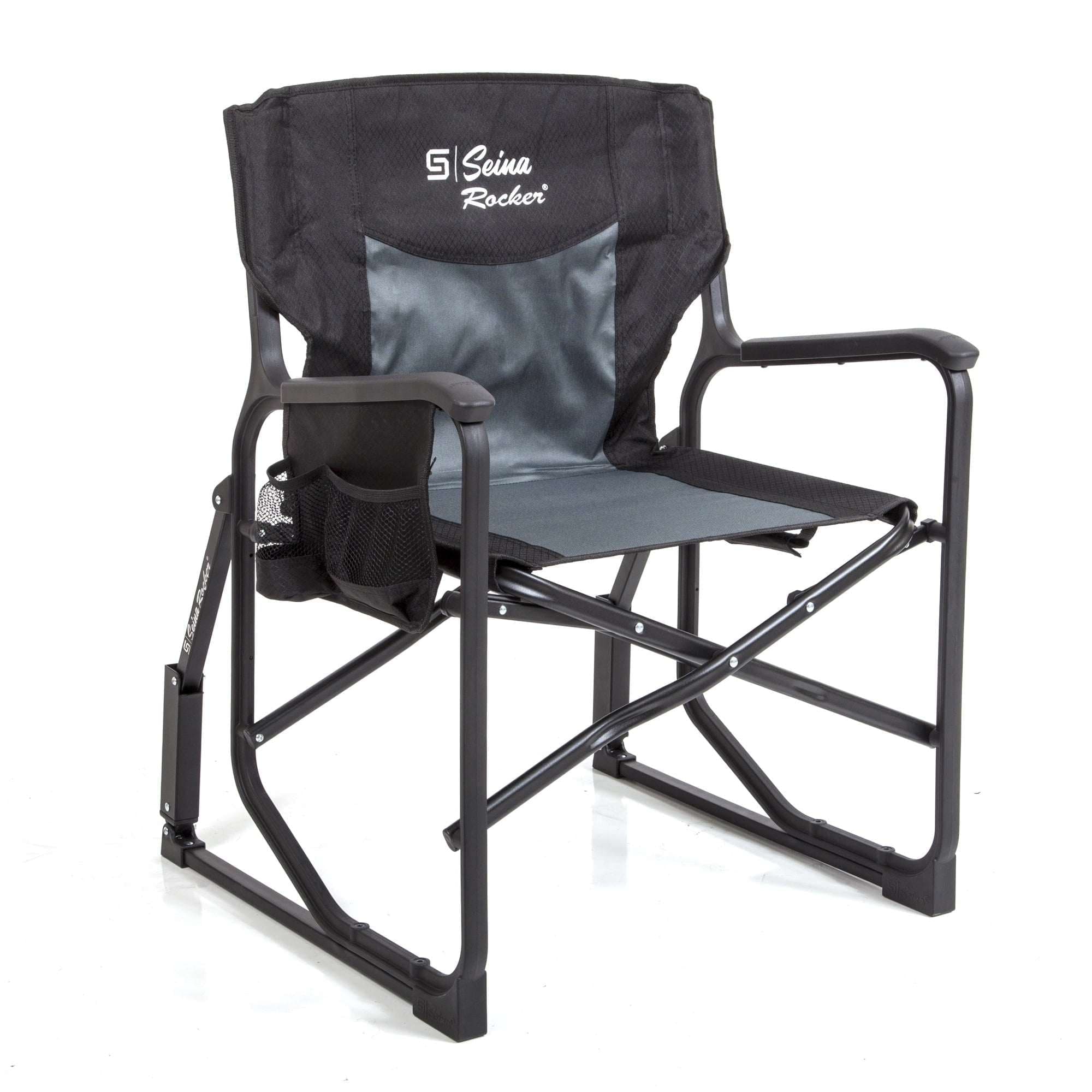 Seina Outdoor Foldable Rocking Chair with Hard Armrests, Cup Holder and Side Pocket, up to 300 lbs, Gray and Black