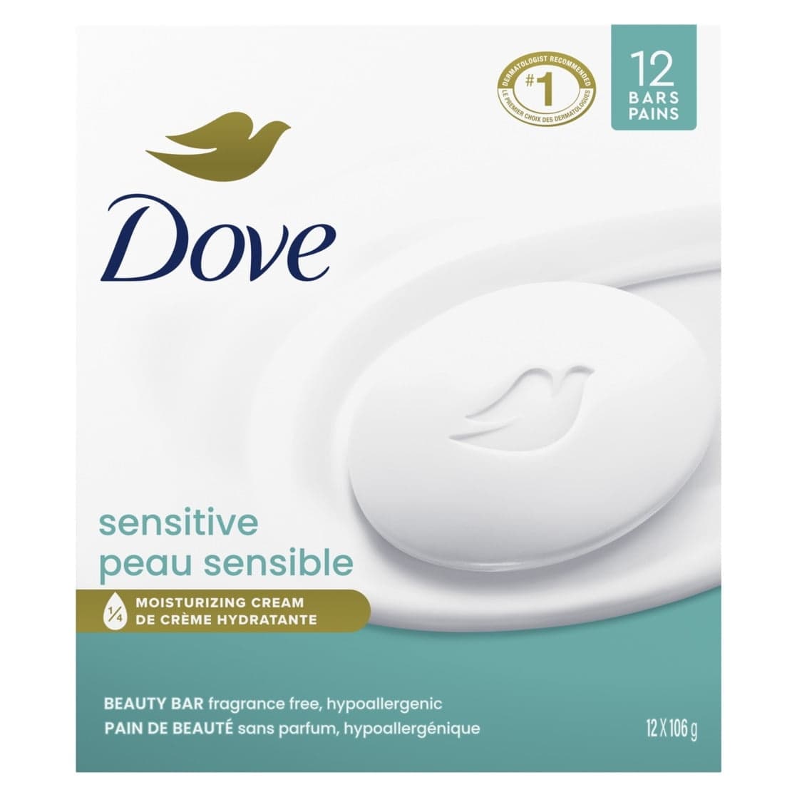 Dove Sensitive Beauty Bar Soap, Fragrance Free & Hypoallergenic, 3.75 oz, 12 Bars