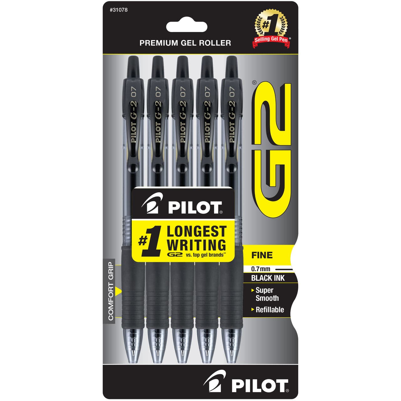 Pilot G2 Retractable Gel Ink Pens, Fine Point, 0.7 mm, Black Ink, 5 Pack