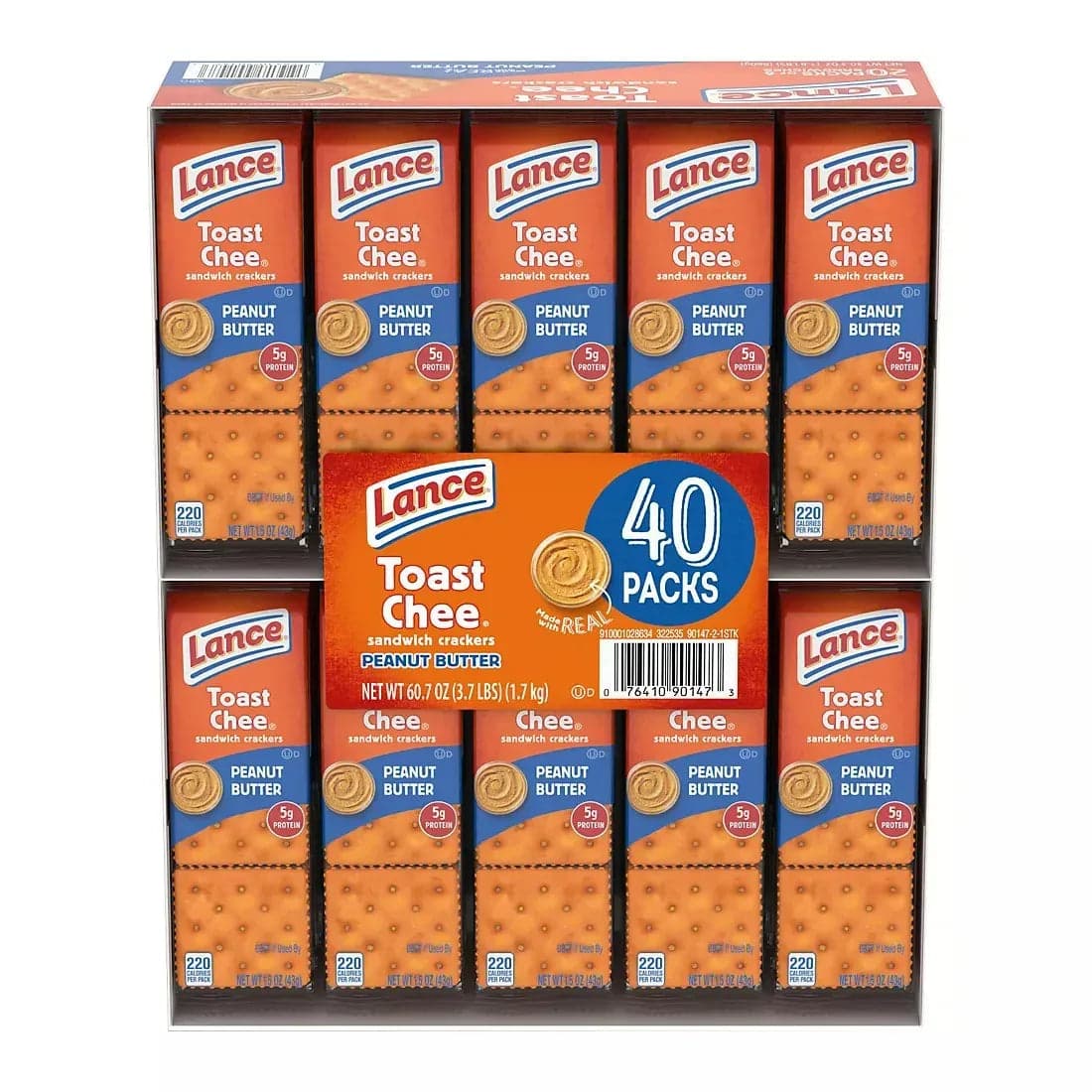 Lance Sandwich Crackers, ToastChee Peanut Butter, Individually Wrapped Packs, 6 Sandwiches Each, 40 ct.