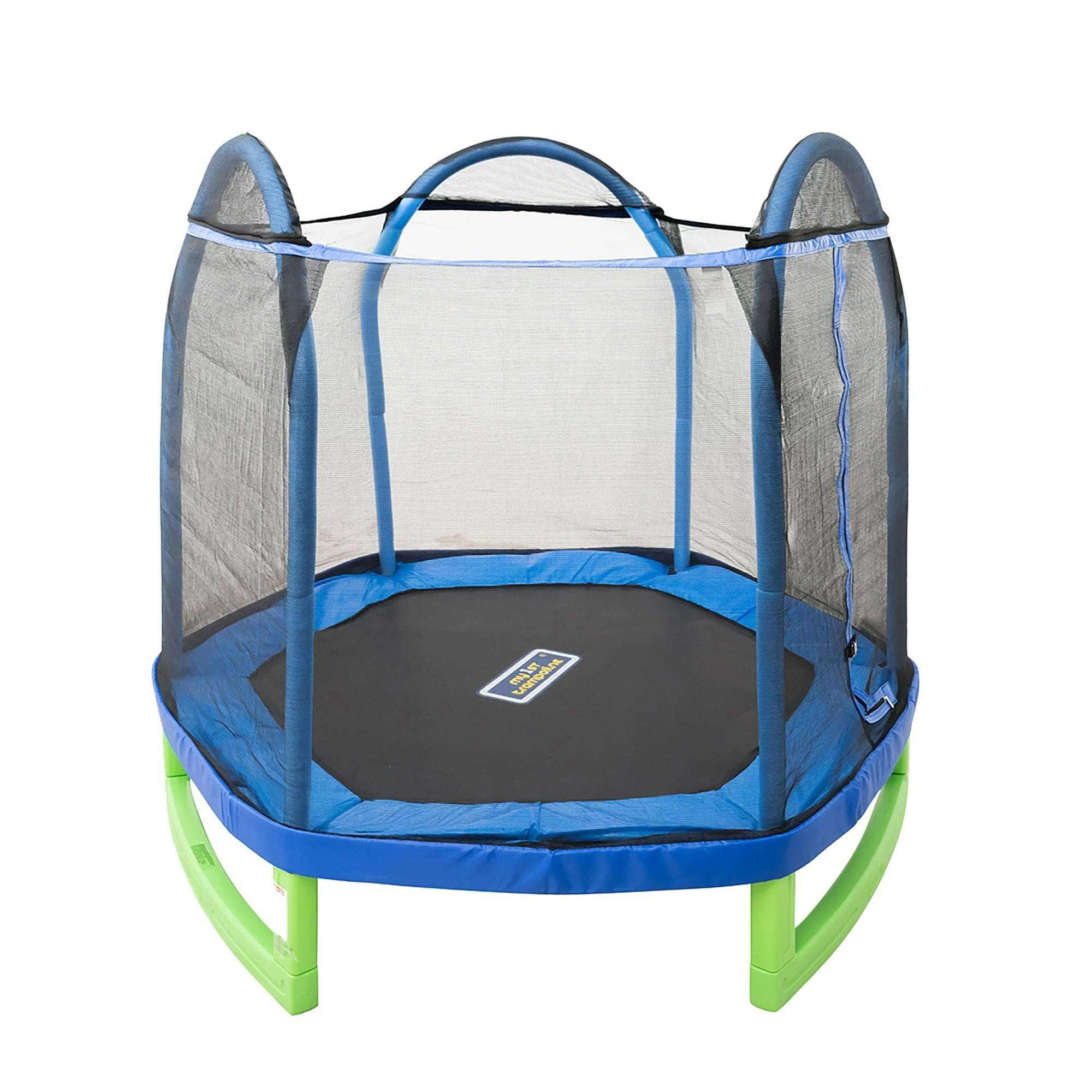 Sportspower My 1st Trampoline 7 ft Trampoline for Kids 3-10 with Blow-Molded Legs and Padded Heavy-Duty Steel Frame, UV-Resistant Safety Enclosure & Jump Mat, Blue & Green, ASTM Safety Certified