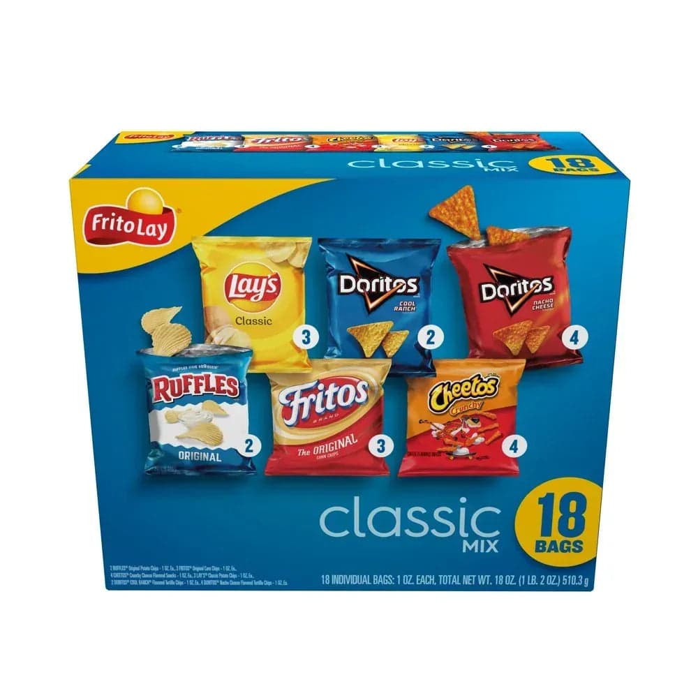 Frito-Lay Classic Mix Variety Pack Snack Chips, 1 oz Bags, 18 Count Multipack (Assortment May Vary)