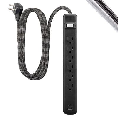 GE 6-Outlet Power Strip 1 USB-A 1 USB-C 15W Shared 6' Braided Cord Black: Electrical Strip, 14 AWG, 3.6 Amps