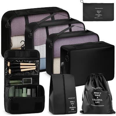 Fosmon 8pc Packing Cubes For Travel, Hanging Toiletries Travel Bags Makeup, Suitcase Luggage Organizer Bags, Travel Cubes Set, Black