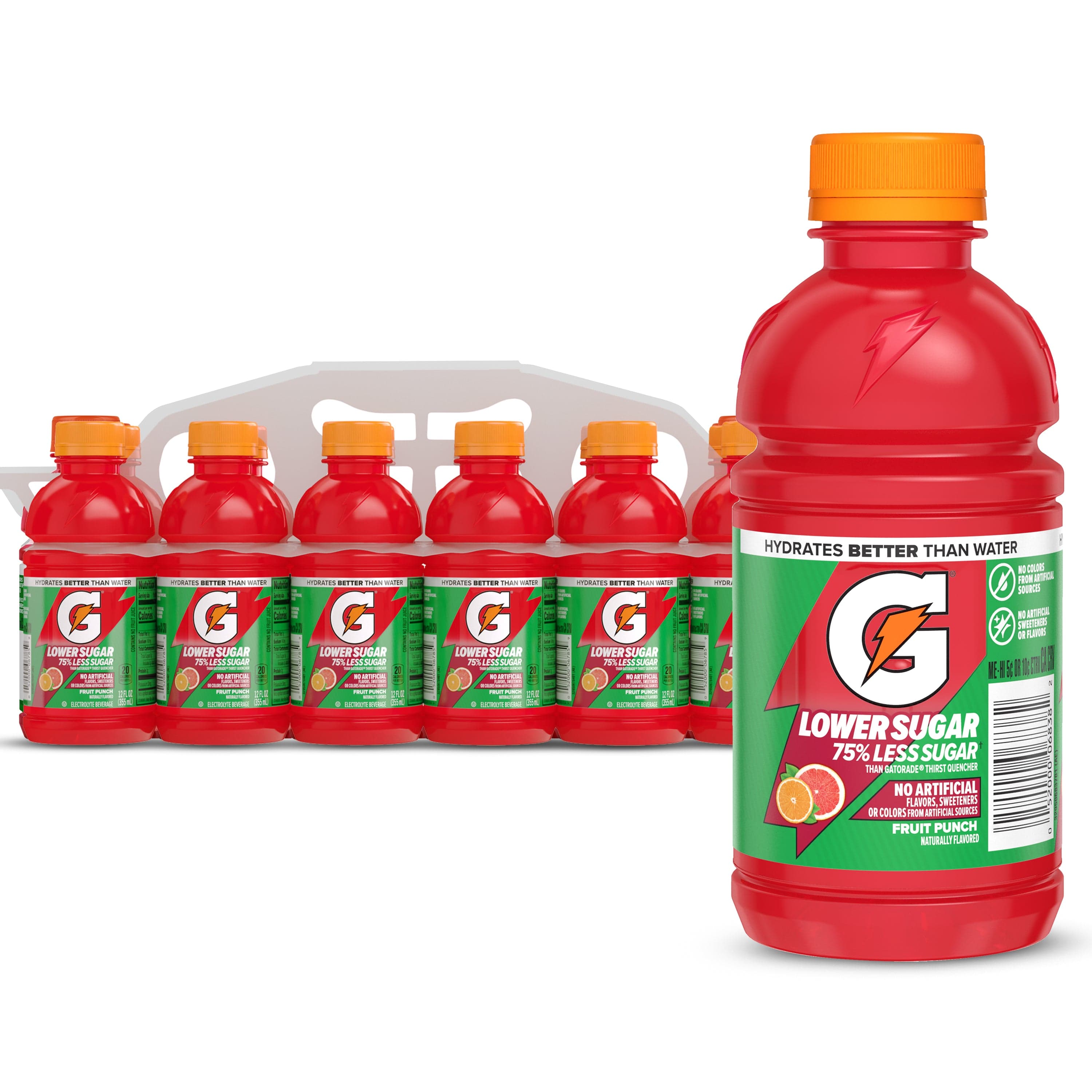 Gatorade Lower Sugar Fruit Punch Electrolyte Sports Drink, 75% Less Sugar, 12 fl oz, 12 Pack