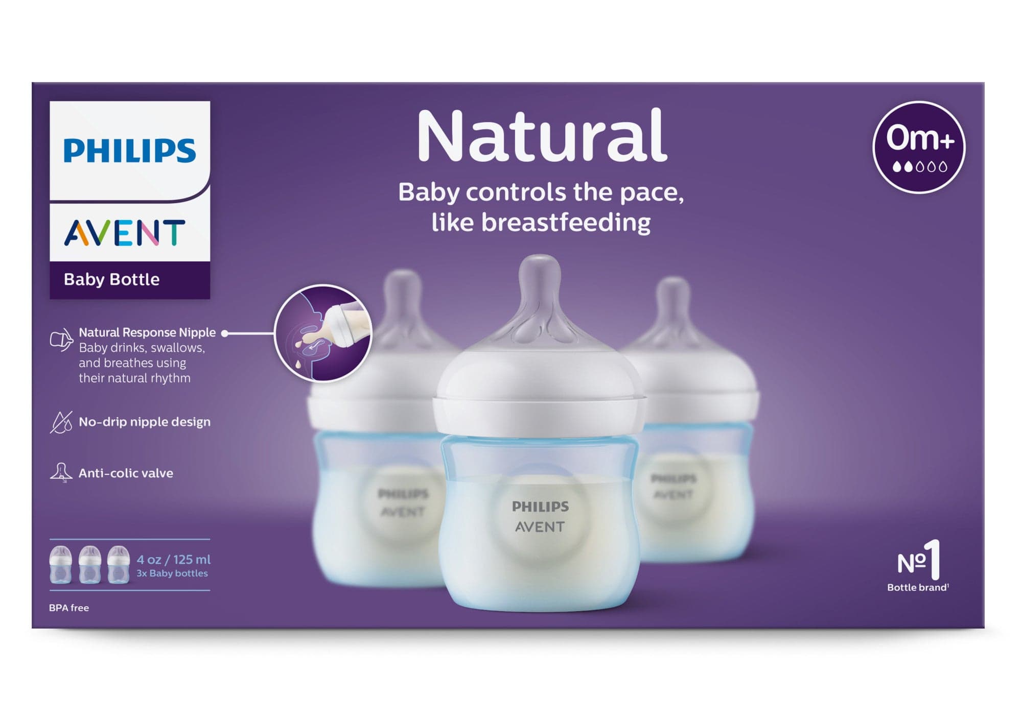 Philips Avent Natural Baby Bottle with Natural Response Nipple, Blue, 4oz, 3-Pack, SCY900/23