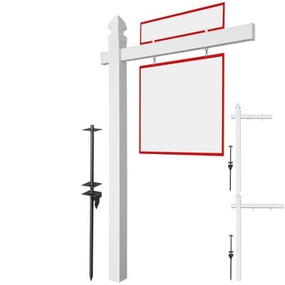 Casafield 72" x 47" Real Estate Sign Post for Open House and Yard Sale Signs with Flat Cap and Gothic Cap Options - Vinyl PVC - White