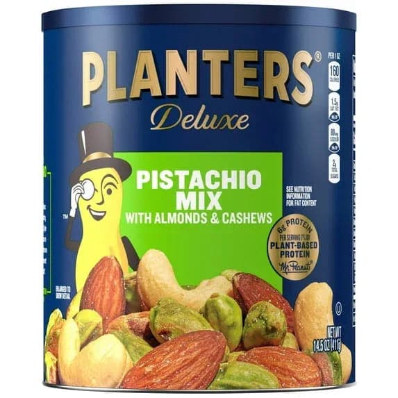 Planters Deluxe Pistachio Mix, Party Snacks, Plant Based Protein, 14.5 oz Steel Can