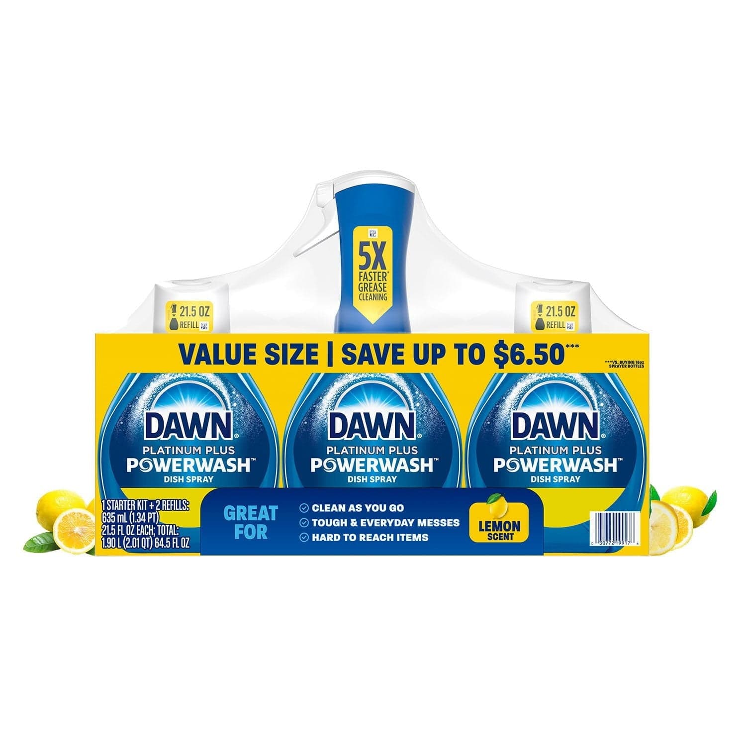Dawn Platinum Plus Powerwash Dish Spray Bottle Set, Lemon Scent, 1 Spray Bottle + 2 Refills, 64.5 fl oz