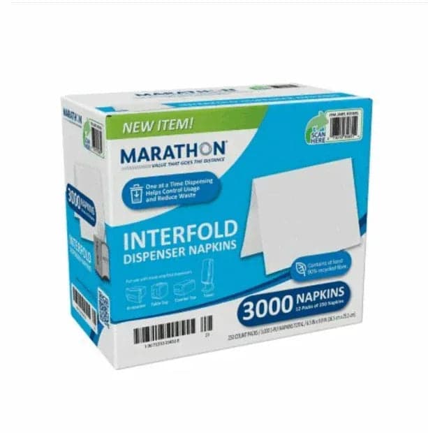 Marathon Interfold Dispenser Napkins, 1-Ply, White, 3000 ct.