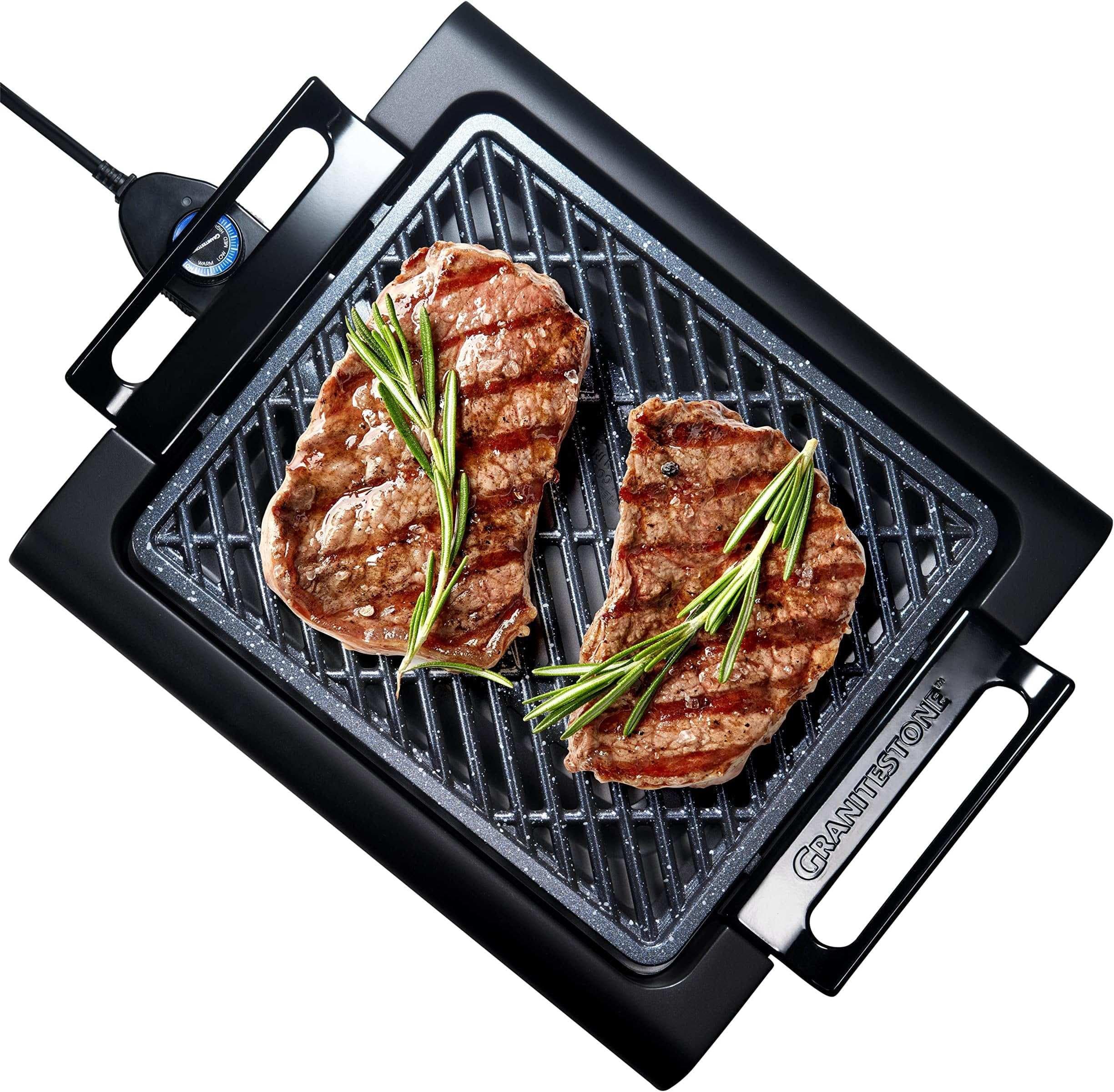 Granite Stone Indoor Nonstick Electric Smokeless Grill with Cool-Touch Handles and Adjustable Temperature Dial, Black, 16" x 14"