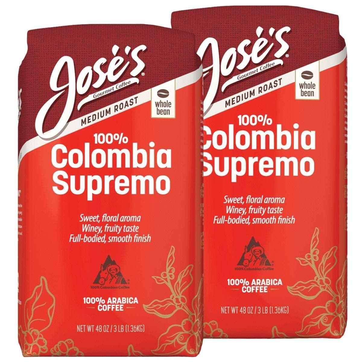 Jose's 100% Colombia Supremo Whole Bean Coffee, Medium, 2.5 lbs, 2-pack