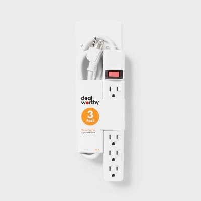 3' 6 Outlet Indoor Power Strip White - Dealworthy: 15A 1875W Extension Cord, 14 AWG, 3ft Cable, 1 Year Warranty