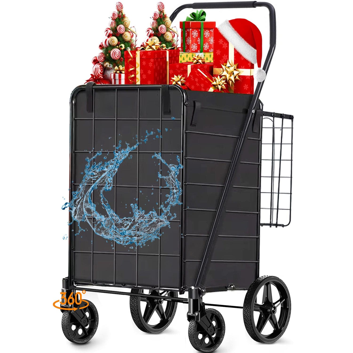 Camkey Folding Shopping Cart, Utility Trolley Grocery Cart with Removable Basket and Swivel Wheels, Black