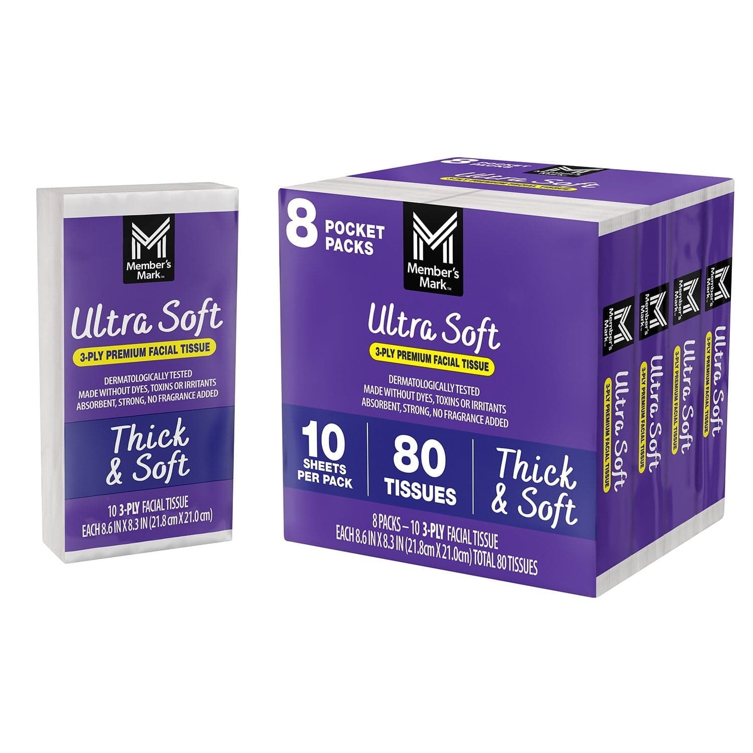 Member's Mark Ultra Soft Pocket Pack Facial Tissue, 96 pks., 10 tissues/pk.