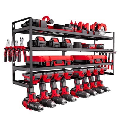 VEVOR Power Tool Organizer Wall Mount, 4-Layer Storage Rack with 8 Drill Holders, Tools Holder and Storage Rack with Screwdriver Holder, Black