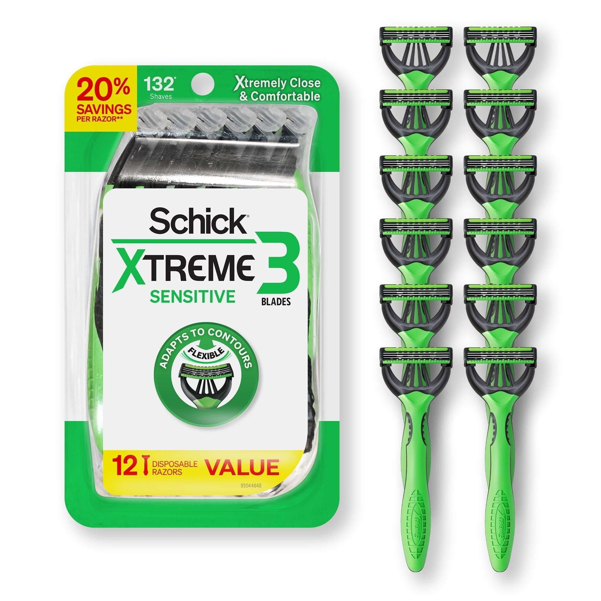 Schick Xtreme 3 Blade Disposable Razors for Men, 12 Ct, Men's Sensitive Skin Manual Razors