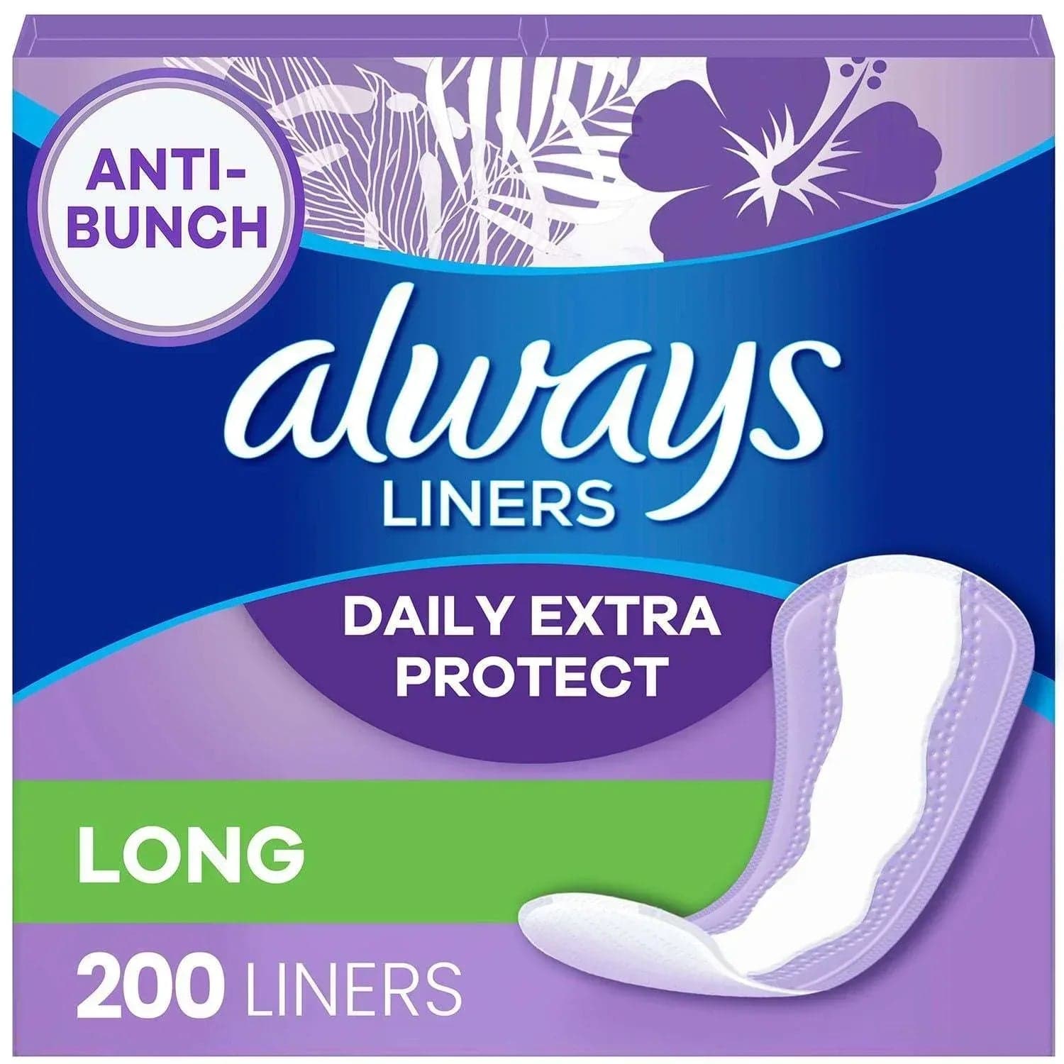 Always Anti-Bunch Xtra Protection Daily Liners, Unscented, Long, 200 ct.