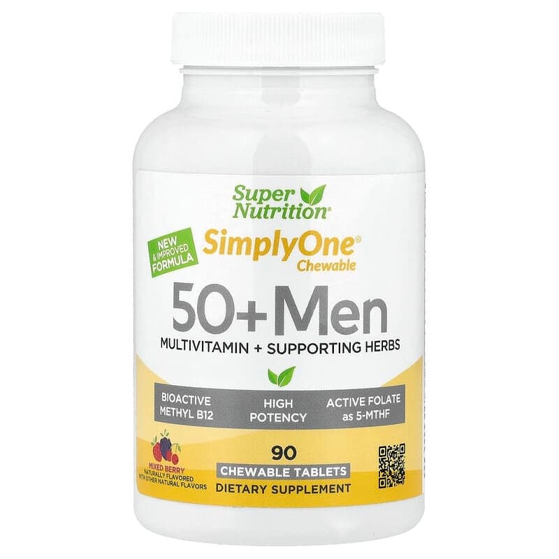 Super Nutrition SimplyOne 50+ Men Multivitamin + Supporting Herbs, Mixed Berry, 90 Chewable Tablets