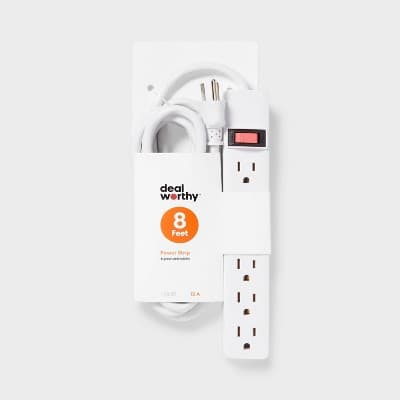 8' 6 Outlet Indoor Power Strip White - Dealworthy: 15A, 1875W, 14 AWG, 8ft Extension Cord, 3 Conductors