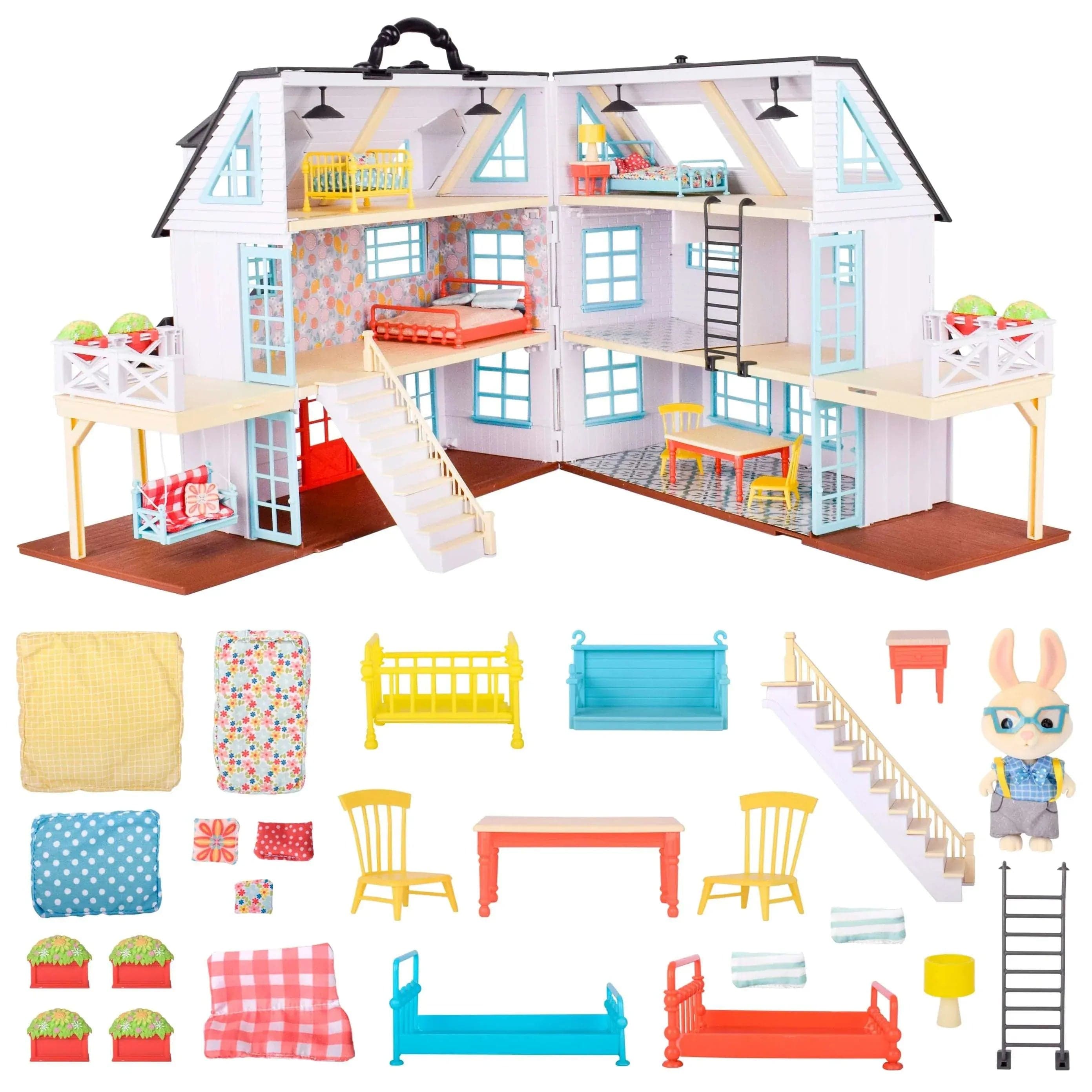 Honey Bee Acres Buzzby Farmhouse 25-Piece Three-Story Country Dollhouse with Furniture & Exclusive Rabbit Figure, Doll Playset for Kids Ages 3+