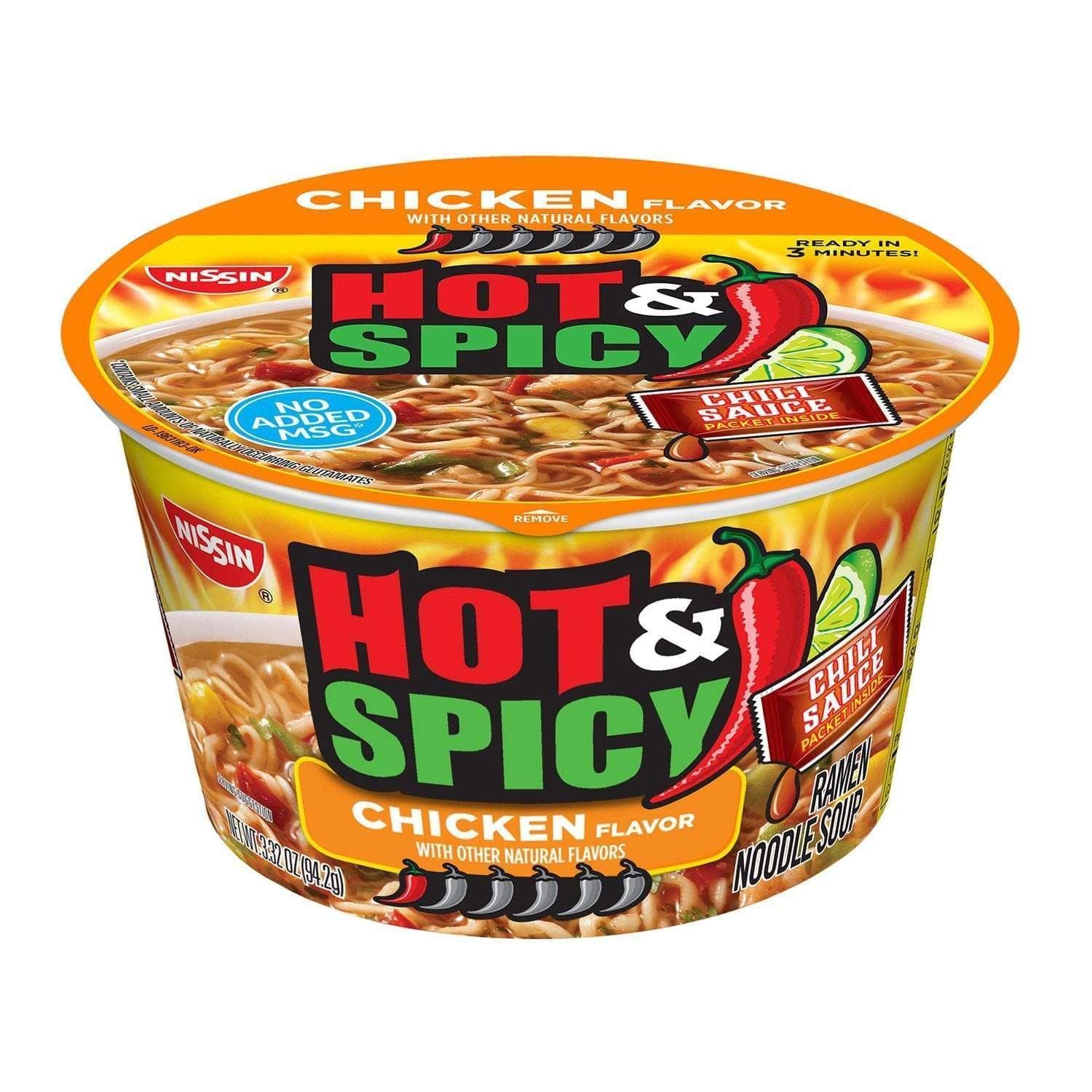 Nissin Hot and Spicy Chicken Bowl Ramen Noodle Soup, 3.32 oz., 12 pk.