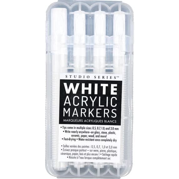 Studio Series White Acrylic Markers, Set of 4 Permanent Markers with Different Tip Sizes