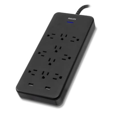 Philips Surge Protector Power Strip with USB Ports, 6ft Braided Extension Cord, 2880 Joules, 10 Outlet Extender (Wide Spaced), 2 USB-A, Black